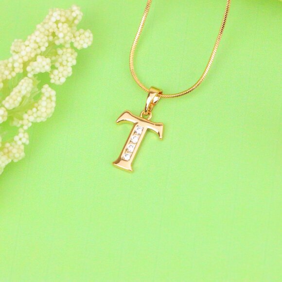 "Rose Gold Initial T Pendant with Crystals – Elegant Brass Jewelry, XPPT1369 - Picture 11 of 13